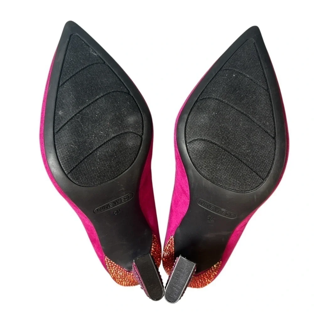 Nine West Tunips Fuchsia Pink Suede Rhinestone Flared Block Heel Pump Sz 5 - Picture 8 of 9